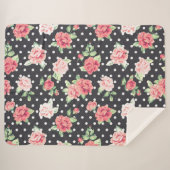 フローラルパターンホワイト水玉模様オンブラックバックグラウンド シェルパブランケット (正面(横))