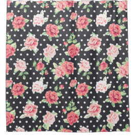 フローラルパターンホワイト水玉模様オンブラックバックグラウンド シャワーカーテン