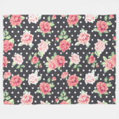 フローラルパターンホワイト水玉模様オンブラックバックグラウンド フリースブランケット (正面(横))