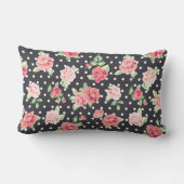 フローラルパターンホワイト水玉模様オンブラックバックグラウンド ランバークッション (裏面)