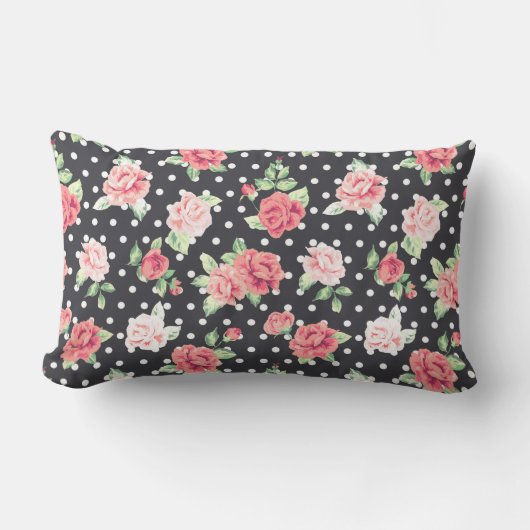 フローラルパターンホワイト水玉模様オンブラックバックグラウンド ランバークッション (正面)