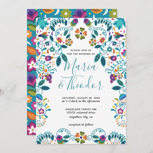 フローラルパターンメキシコスタイルラグジュアリー結婚ズ 招待状 (正面/裏面)