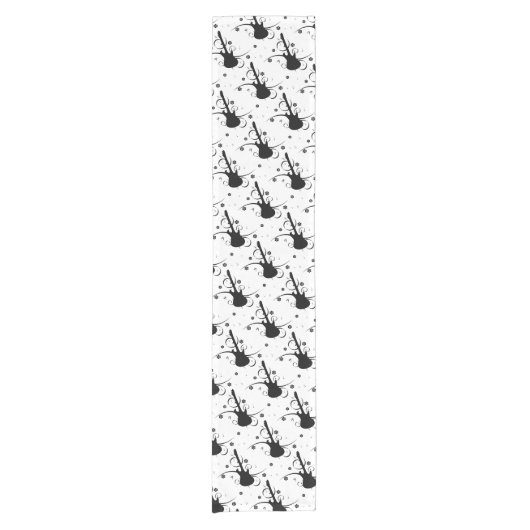 フローラルパターン付きブラックエレキギター ショートテーブルランナー (正面)