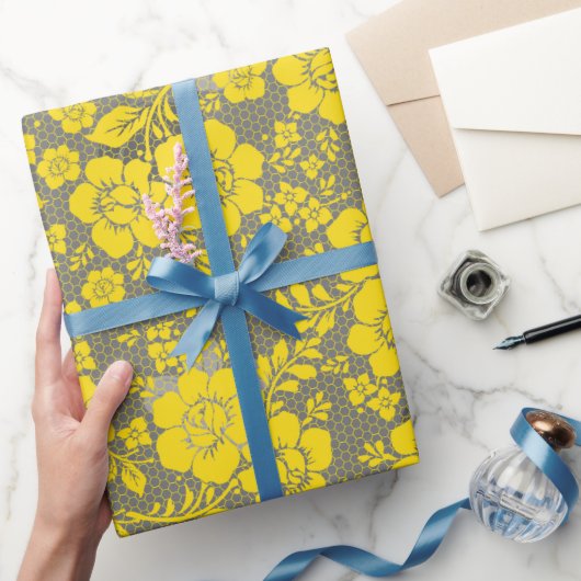 フローラルパターン15.イエロー.bグレーBG ラッピングペーパー (ギフト)