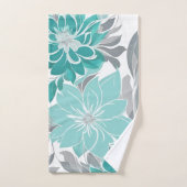 フローラルパターン、アクア、ティール（緑がかった色）、ターコイズ及び灰色の海 バスタオルセット (ハンドタオル)