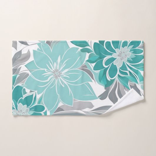 フローラルパターン、アクア、ティール（緑がかった色）、ターコイズ及び灰色の海 バスタオルセット (ハンドタオル)