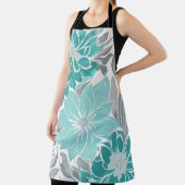 フローラルパターン、アクア、ティール(緑がかった色)、ターコイズ、グレー エプロン (インサイチュ)