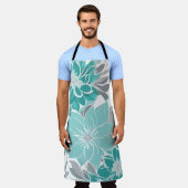 フローラルパターン、アクア、ティール(緑がかった色)、ターコイズ、グレー エプロン (着用した状態)