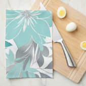 フローラルパターン、アクア、ティール(緑がかった色)、ターコイズ、グレー キッチンタオル (四つ折り)