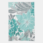 フローラルパターン、アクア、ティール(緑がかった色)、ターコイズ、グレー キッチンタオル (縦)