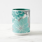 フローラルパターン、アクア、ティール(緑がかった色)、ターコイズ、グレー マグカップ (中央)