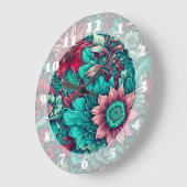 フローラルパターン、アクア、ティール(緑がかった色)、ターコイズ、グレー ラージ壁時計 (傾斜)