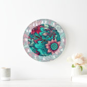 フローラルパターン、アクア、ティール(緑がかった色)、ターコイズ、グレー ラージ壁時計 (ホーム)