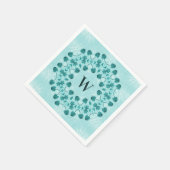 フローラルパターン、ティール（緑がかった色）ブルーイニシャル スタンダードカクテルナプキン (角)