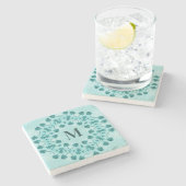 フローラルパターン、ティール（緑がかった色）ブルーイニシャル ストーンコースター (横)