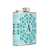 フローラルパターン、ティール（緑がかった色）ブルーイニシャル フラスク (右)