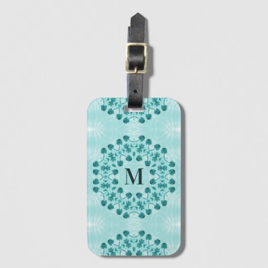 フローラルパターン、ティール(緑がかった色)ブルーイニシャル ラゲッジタグ (正面縦)
