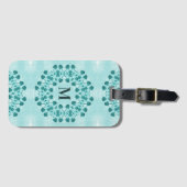 フローラルパターン、ティール(緑がかった色)ブルーイニシャル ラゲッジタグ (正面横)