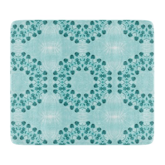 フローラルパターン、ティール（緑がかった色）ブルー カッティングボード (正面)