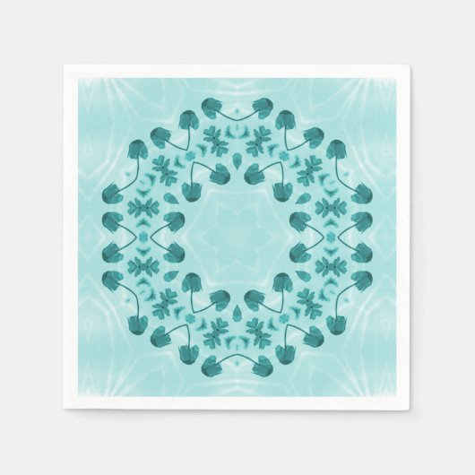 フローラルパターン、ティール（緑がかった色）ブルー スタンダードカクテルナプキン (正面)
