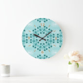 フローラルパターン、ティール（緑がかった色）ブルー ラージ壁時計 (ホーム)