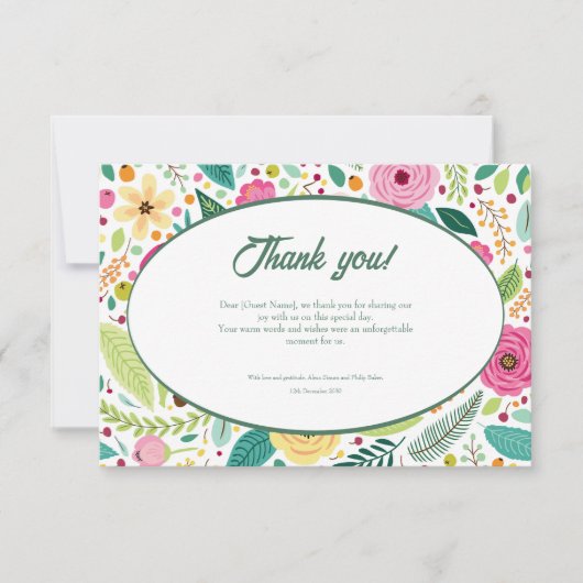 フローラルパター結婚ン水彩色サンキューカード サンキューカード (正面)