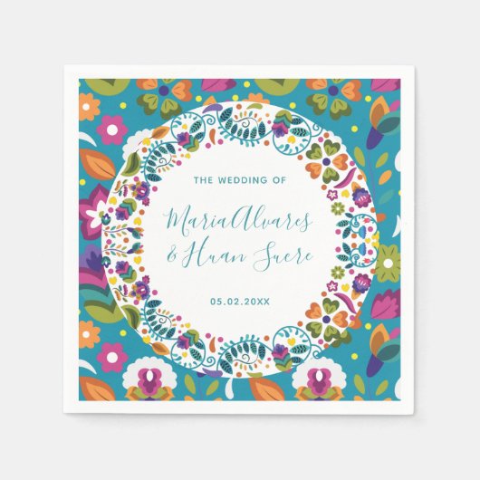 フローラルパタ結婚ーンパーソナライズされたメキシコ スタンダードカクテルナプキン (正面)
