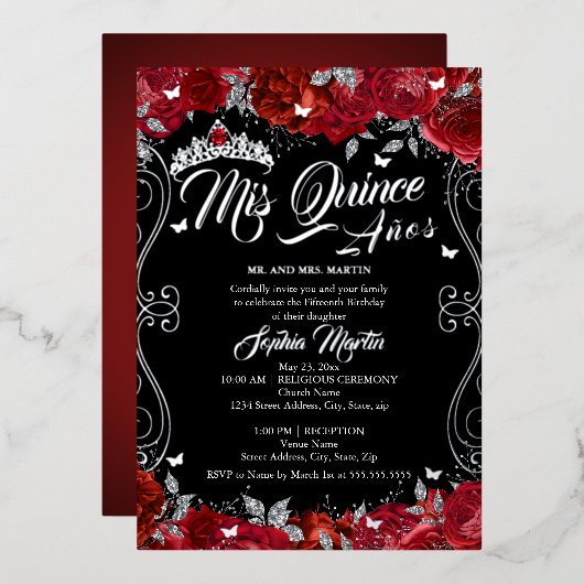 フローラルビーレッドブラックミスカンスキンセアニェラ 箔招待状 (正面/裏面)
