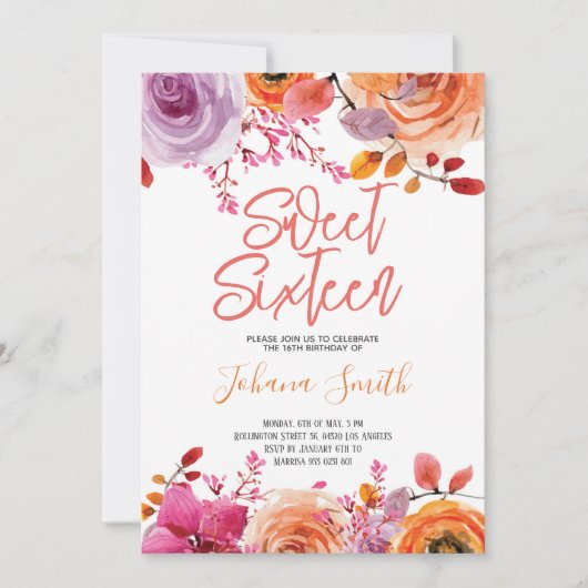 フローラルピンクオレンジのスイートシックスティーン誕生日 招待状 (正面)
