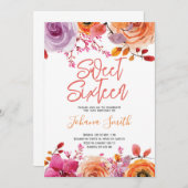 フローラルピンクオレンジのスイートシックスティーン誕生日 招待状 (正面/裏面)