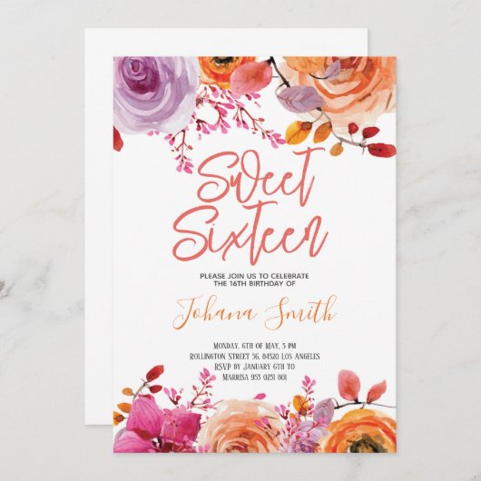 フローラルピンクオレンジのスイートシックスティーン誕生日 招待状 (正面/裏面)