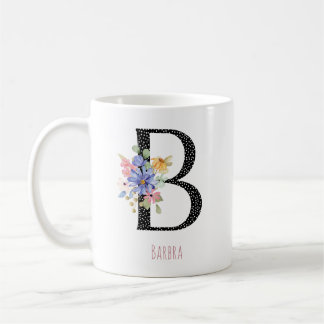フローラルモノグラム名Bブラックポルカドット コーヒーマグカップ