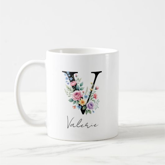 フローラルモノグラム - V コーヒーマグカップ (左)