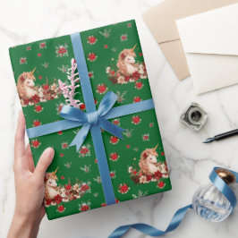 フローラル クリスマス ユニコーン グリーン ガール ラッピングペーパー