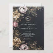 フローラル ゴシック ブラック モノグラム ウェディング 招待状 (正面)