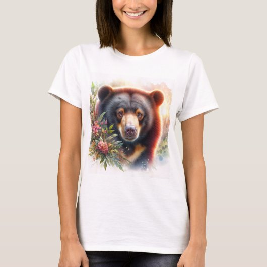 フローラル サンギツネ 水彩イラスト Tシャツ (正面)