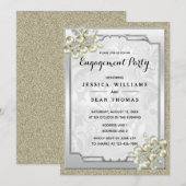 フローラル・ジェム・シルバー・フレームド、ゴールド＆シルバー・エンゲージメント 招待状 (正面/裏面)