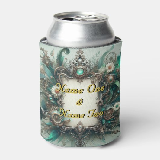 フローラル スチームパンク ウェディング グリーンとシルバー 缶クーラー (缶正面)