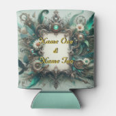 フローラル スチームパンク ウェディング グリーンとシルバー 缶クーラー (裏面)