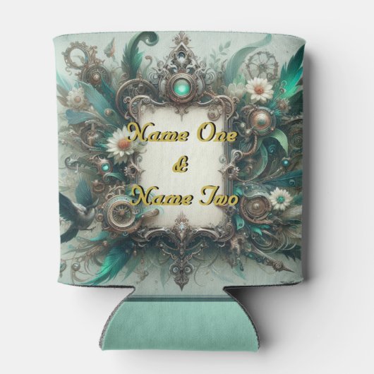 フローラル スチームパンク ウェディング グリーンとシルバー 缶クーラー (裏面)
