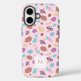 フローラル チェシャ猫 パターン ピンク モノグラム iPhone 16ケース