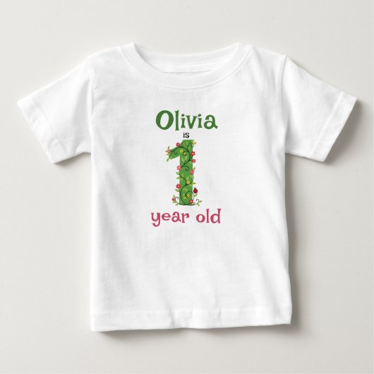 フローラル・ツル1歳の誕生日 ベビーTシャツ (正面)