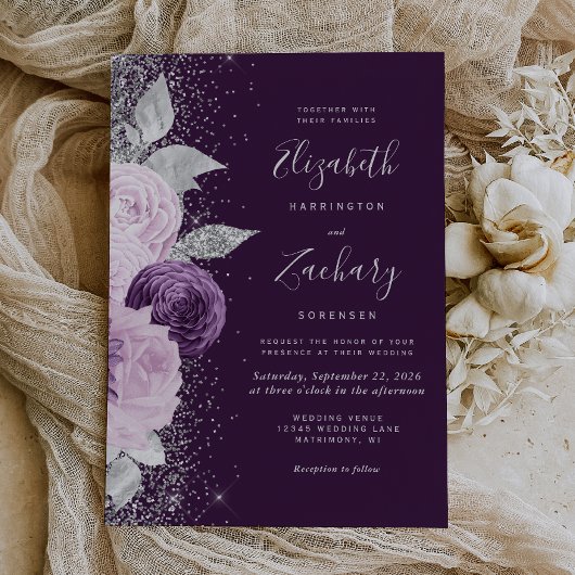 フローラル ディープ パープル シルバー グリッター ウェディング 招待状