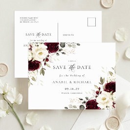 フローラル・バーガンディーのSave the Date(結婚式の招待状)ポストカード 案内ポストカード
