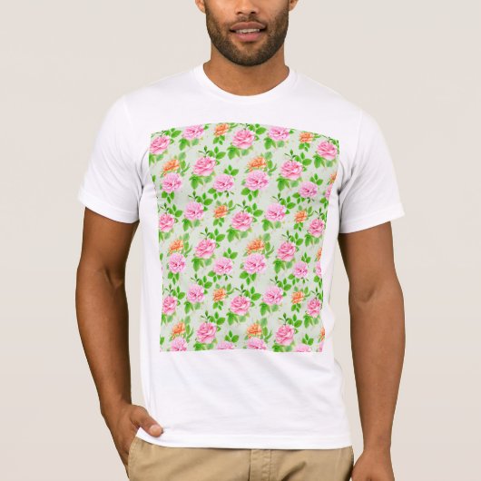 フローラル ピンク バラ 模様-23670 Tシャツ (正面)