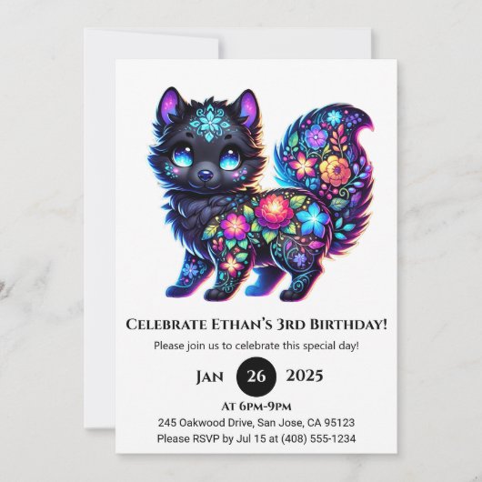 フローラル・フォーク・ファンタジー・ウルフの誕生日 招待状 (正面)