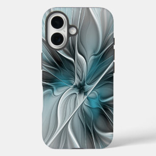 フローラル フラクタル モダン アブストラクト フラワー ブルー グレー iPhone 16ケース