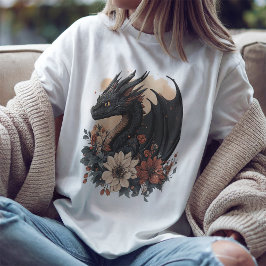 フローラル ブラックドラゴン ファンタジー Tシャツ