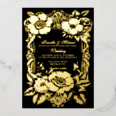 フローラル ブラック&ゴールド ビンテージ 結婚式 装飾 箔招待状 (正面)