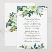 フローラル ブルー アイボリー ゴールド ターコイズ クリスチャン ウェディング 招待状 (正面/裏面)